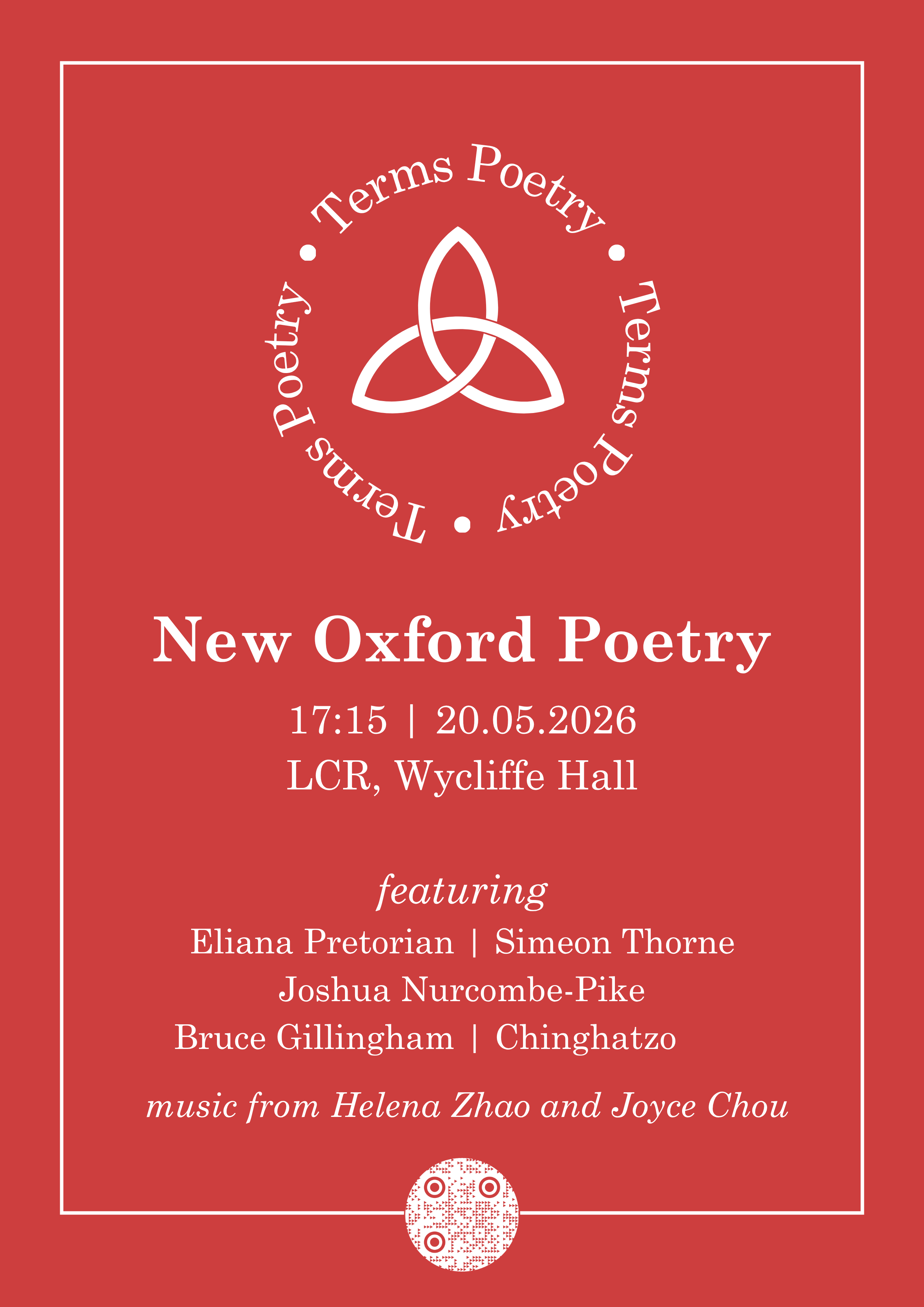 Terms Poetry poster for trinity, red with celtic knot logo. Lists featured performers