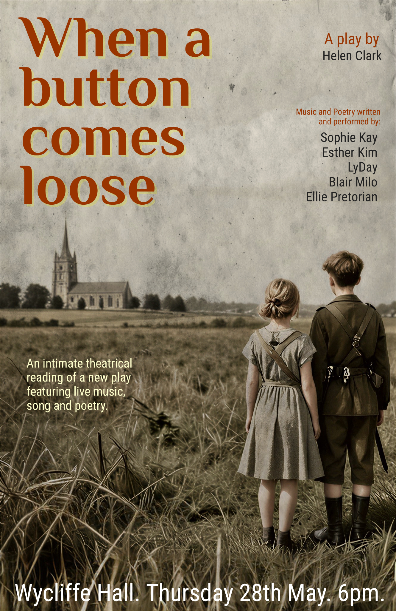 Larger poster with two children looking at a church across a field
