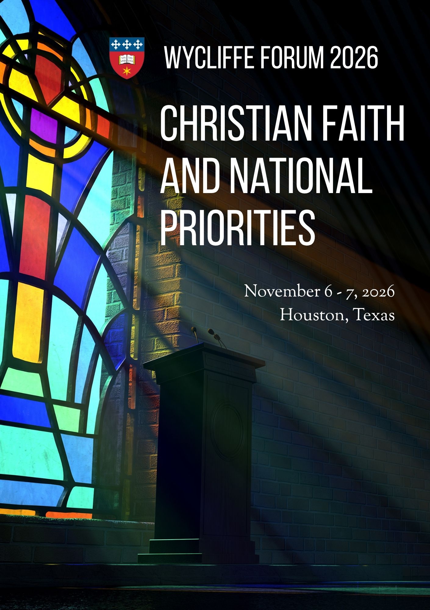 Text Christian Faith and National Priorities on an image of a stained glass window of a cross with light shining through at a podium
