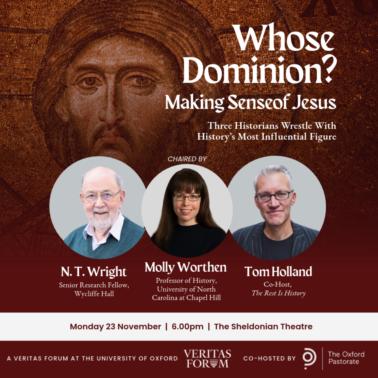 three headshots of the speakers in front of a mosaic of Jesus Christ