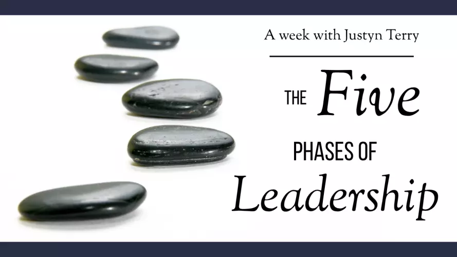 An image of a path of 5 black stones next to the text 'The Five Phases of Leadership'
