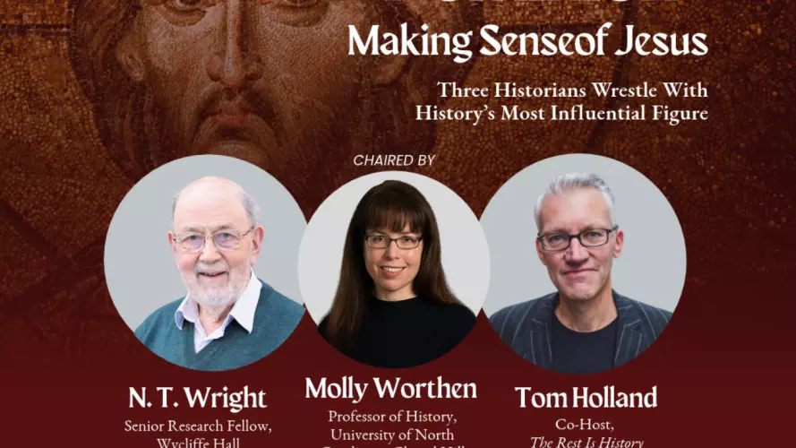 three headshots of the speakers in front of a mosaic of Jesus Christ