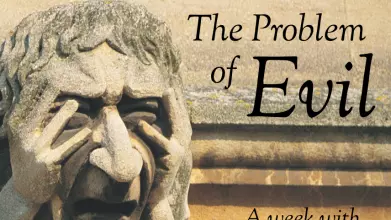 An image of a gargoyle with his head in his hands and text over the image saying The Problem of Evil - a week with Michael Lloyd